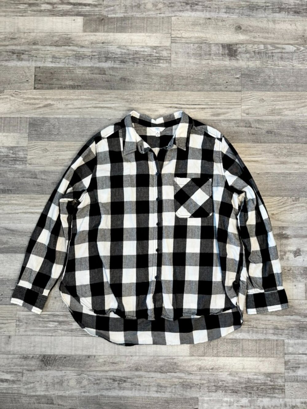 Time & Tru Black White Flannel Buffalo Check Women's Button Down Size XL Q44